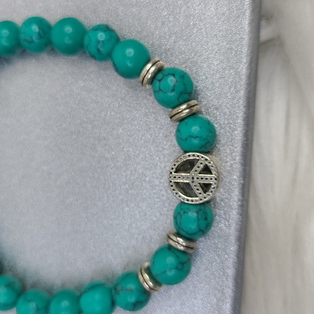 Stretch Bracelet PEACE Silver Tone Turquoise Green Beads Unisex Gift Jewelry Fun - Picture 3 of 4